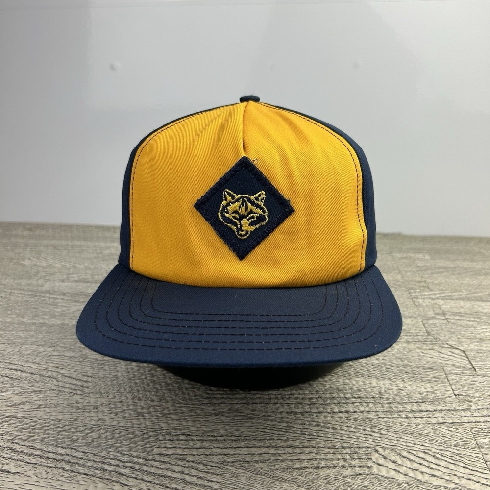 Vintage 80s Boy Scots Wolf Club Hat Cap Snap Back Adjustable Yellow Blue Uniform